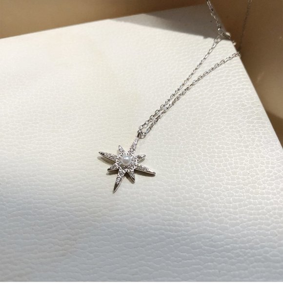 #NEW 925 Sterling Silver Diamond Pearl Star Double Layer Necklace - Picture 7 of 7